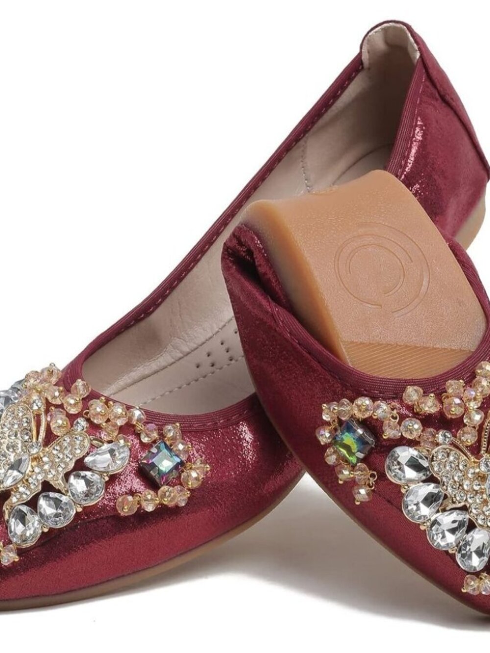 🆕Women's Red Sequin Cloth Rhinestone Bow Wedding Slip On Comfortable Flats